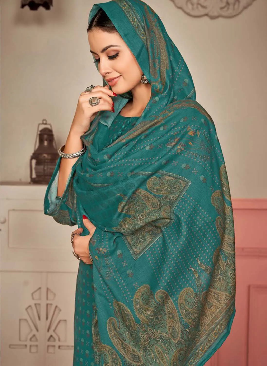 Teal Green Unstitched Pashmina Winter Suit Dress Material for Women