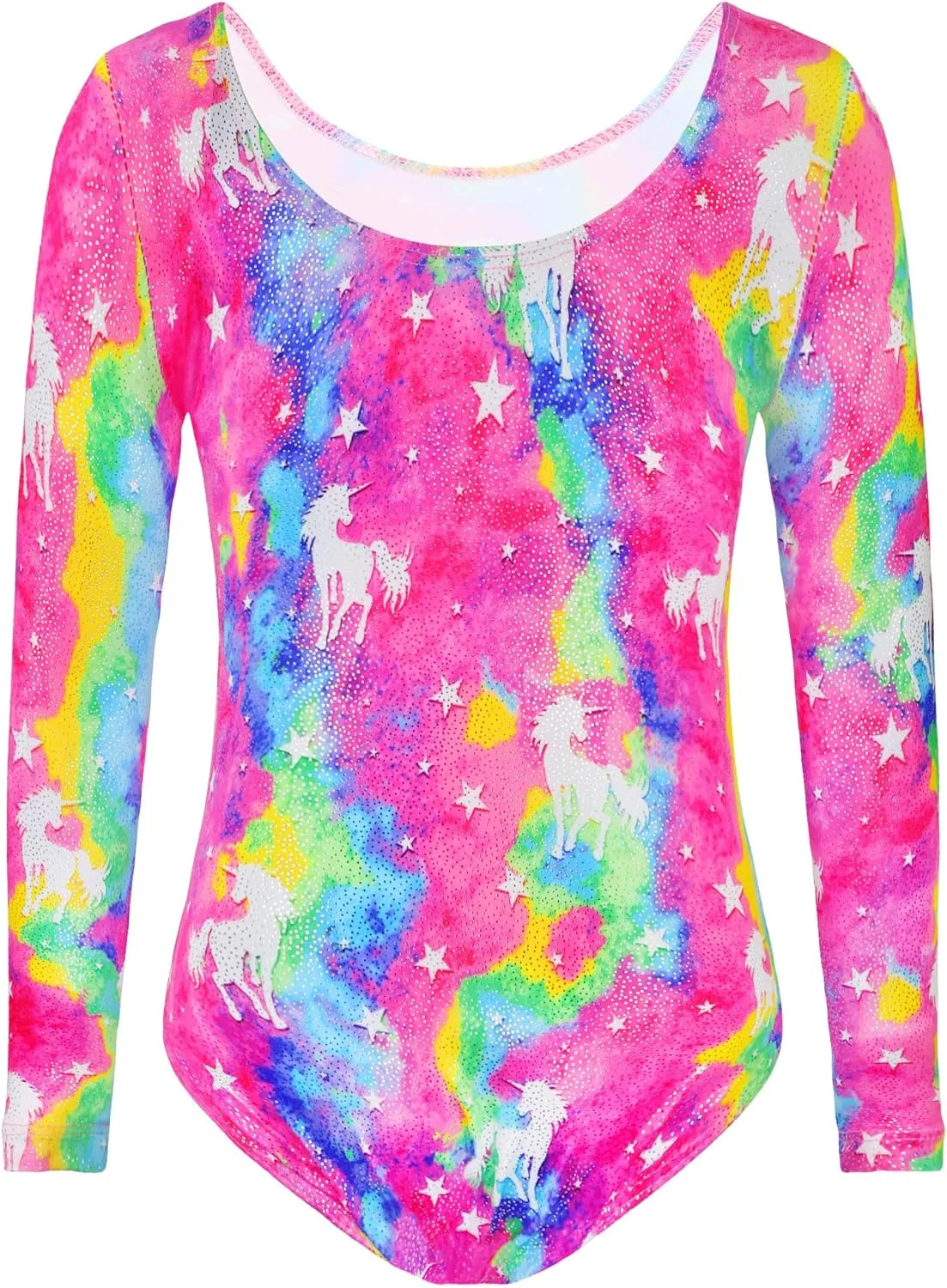 TENVDA Gymnastics Leotards for Girls Sparkly Unicorn Rainbow Long Sleeve Kids Tumbling Outfit Age 2-9 Years Old