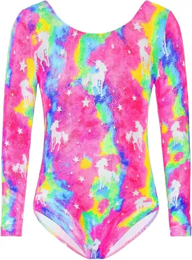 TENVDA Gymnastics Leotards for Girls Sparkly Unicorn Rainbow Long Sleeve Kids Tumbling Outfit Age 2-9 Years Old