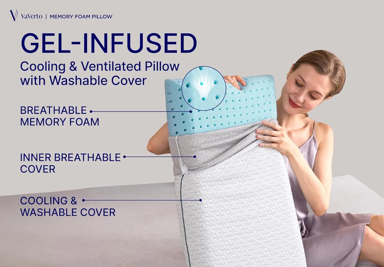 Vaverto Ultra Soft Memory Foam Pillow - King Size - with Breathable Modal Cover for Ultimate Comfort and Support Standard Ventilated Design with Removable Bed Pillow Cover