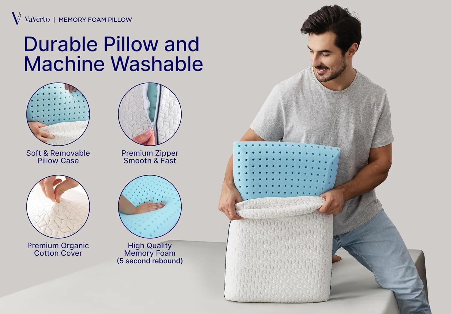 Vaverto Ultra Soft Memory Foam Pillow - King Size - with Breathable Modal Cover for Ultimate Comfort and Support Standard Ventilated Design with Removable Bed Pillow Cover