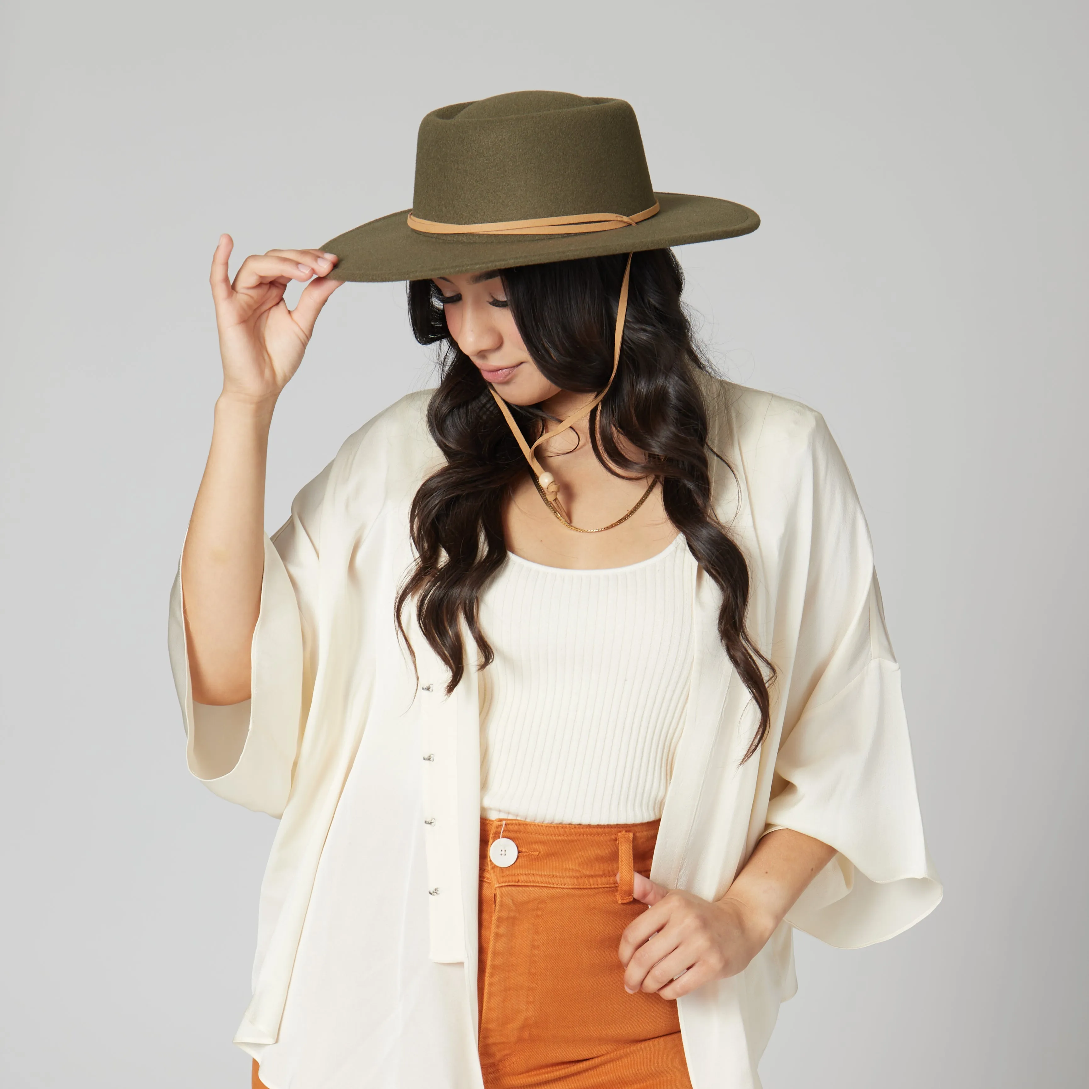 Women's Faux Felt Boater W/ Faux Leather Chin Cord