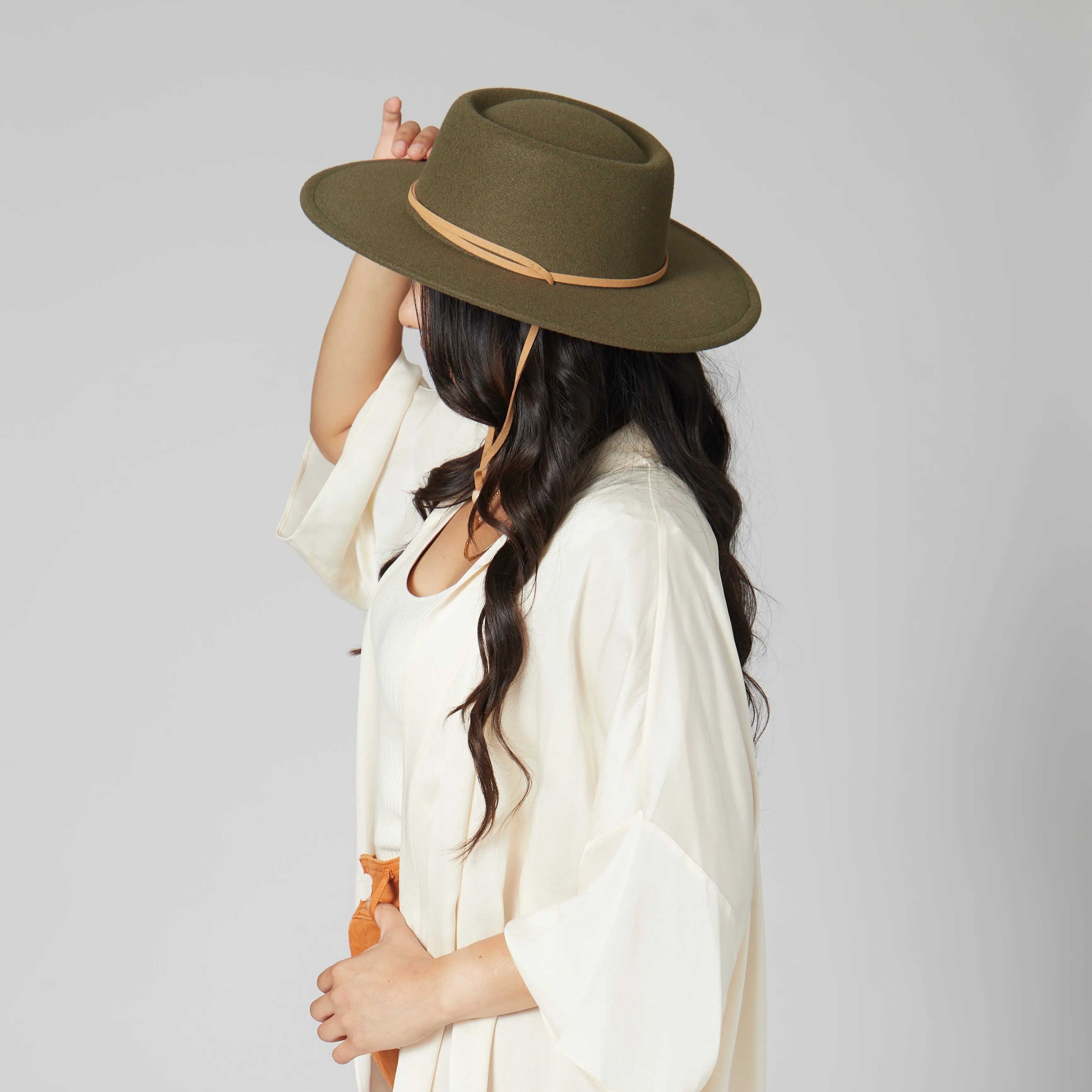 Women's Faux Felt Boater W/ Faux Leather Chin Cord