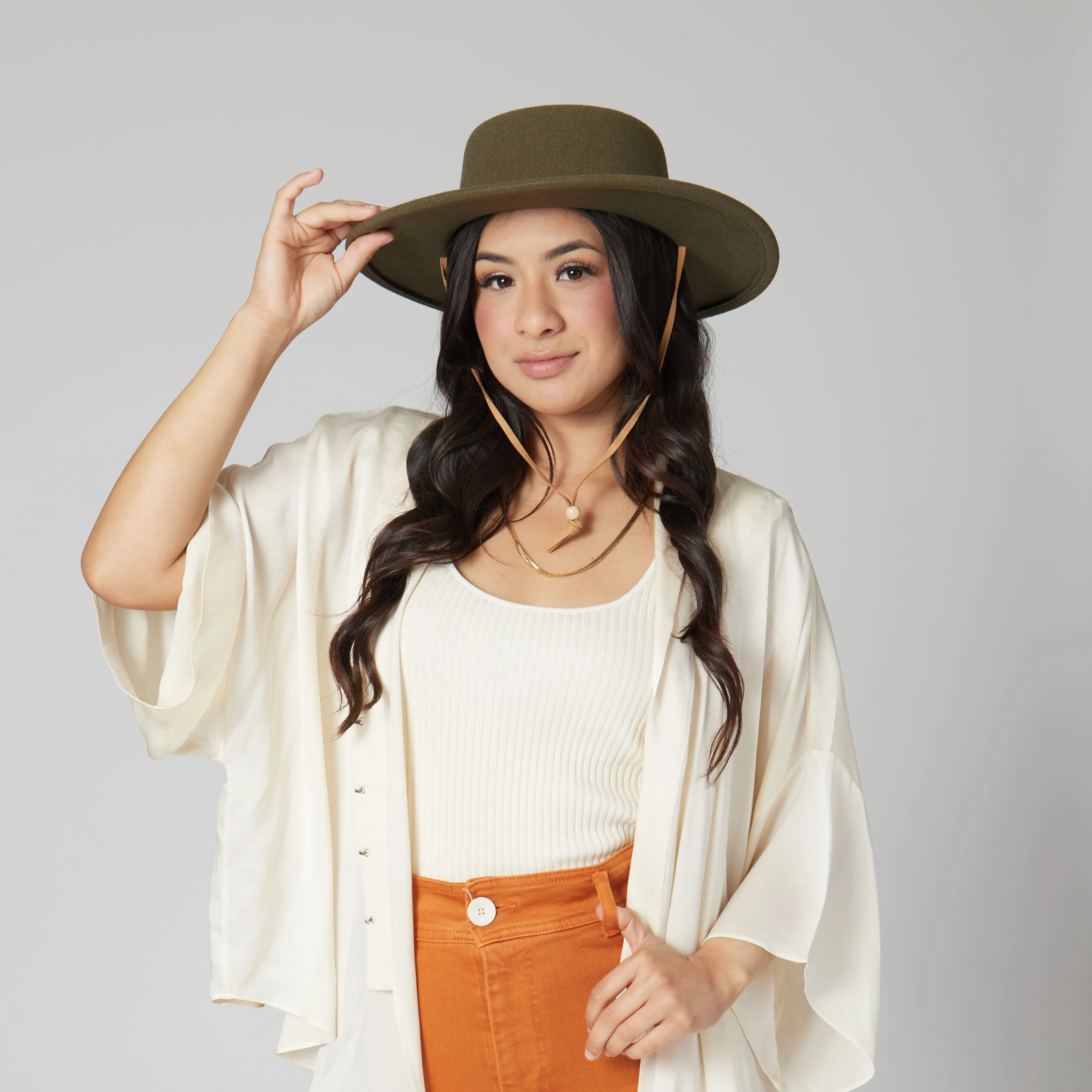 Women's Faux Felt Boater W/ Faux Leather Chin Cord