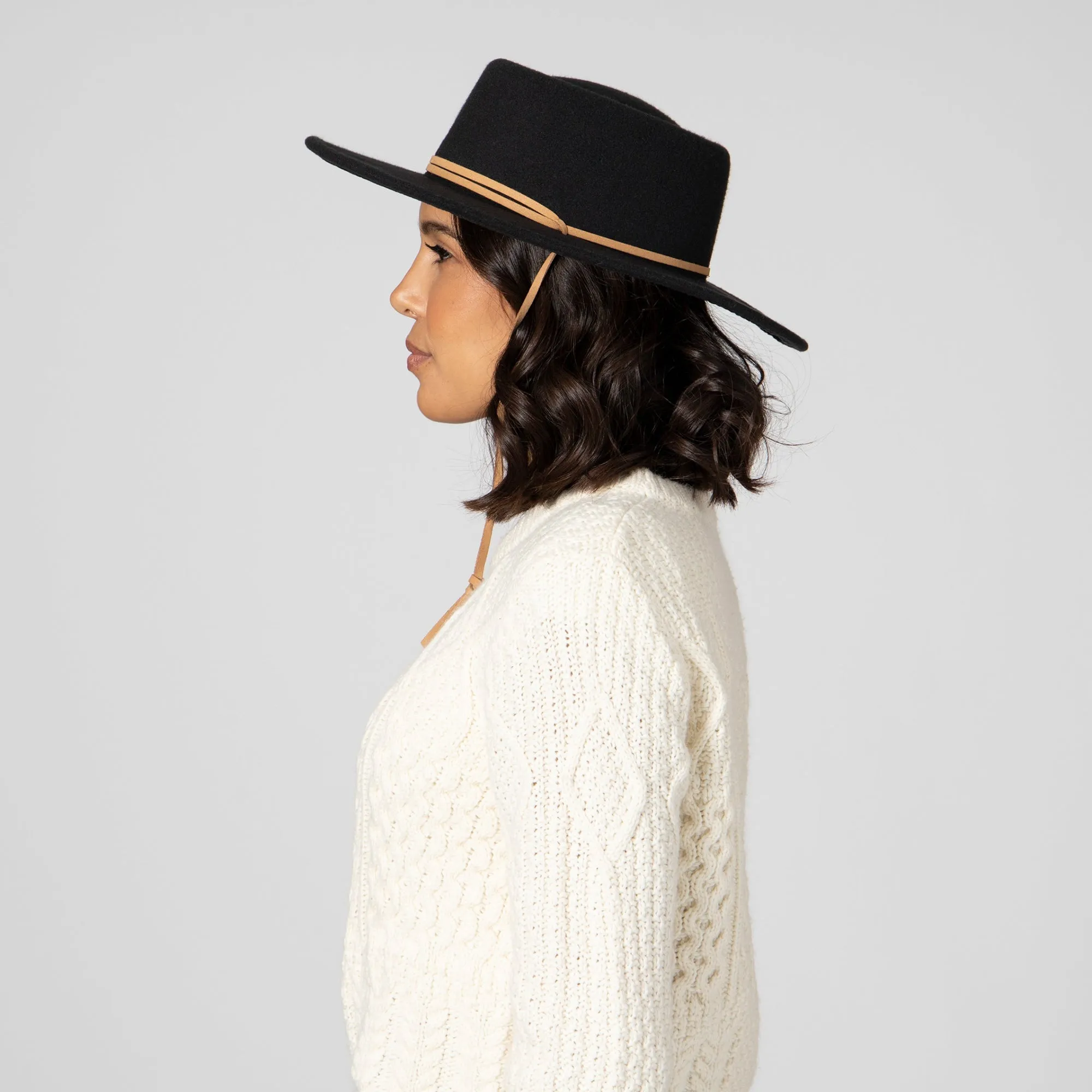 Women's Faux Felt Boater W/ Faux Leather Chin Cord