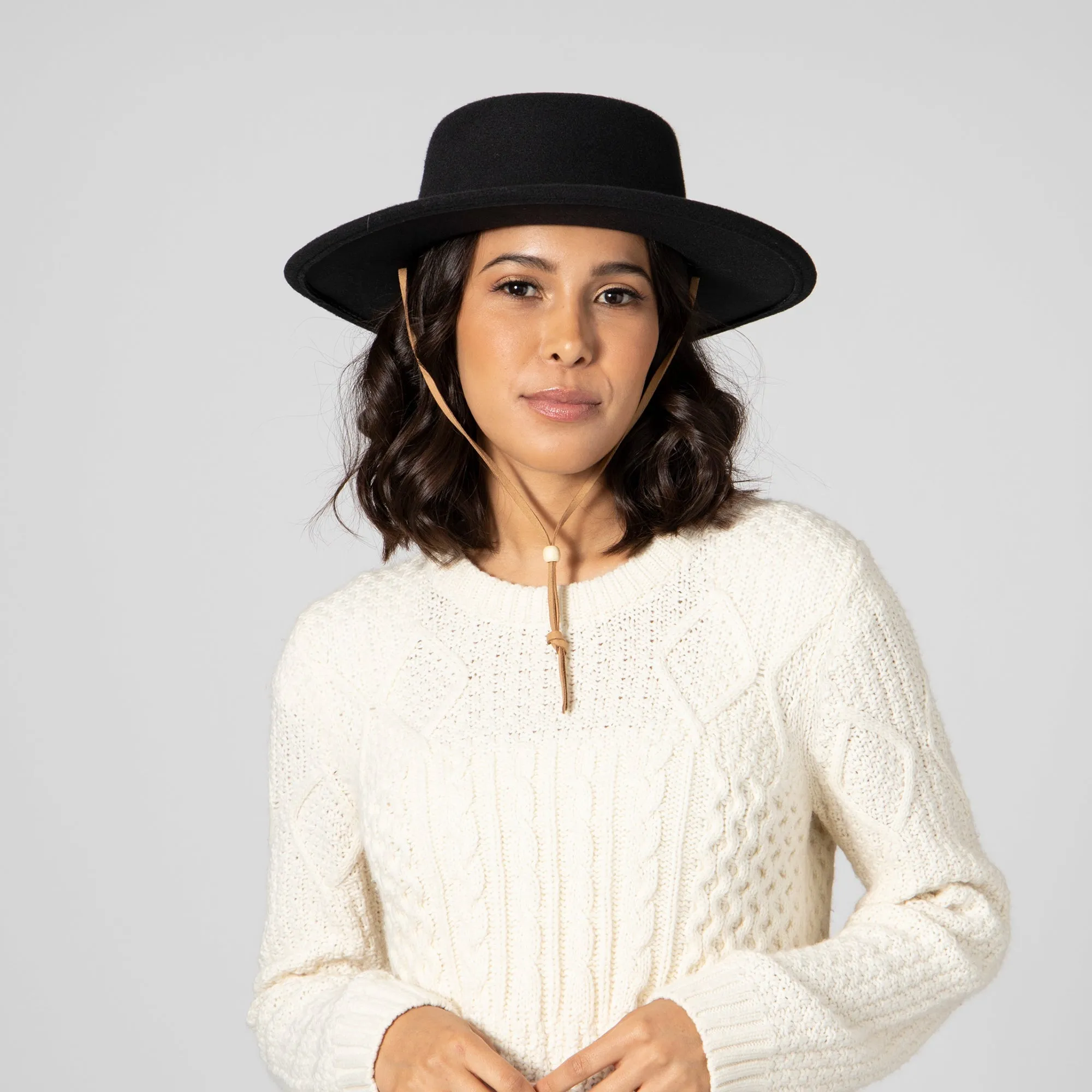 Women's Faux Felt Boater W/ Faux Leather Chin Cord