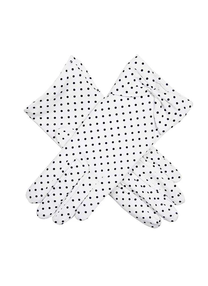 Elegant Womens Spotted Cotton Gloves with Stylish Cuff Bow Detail