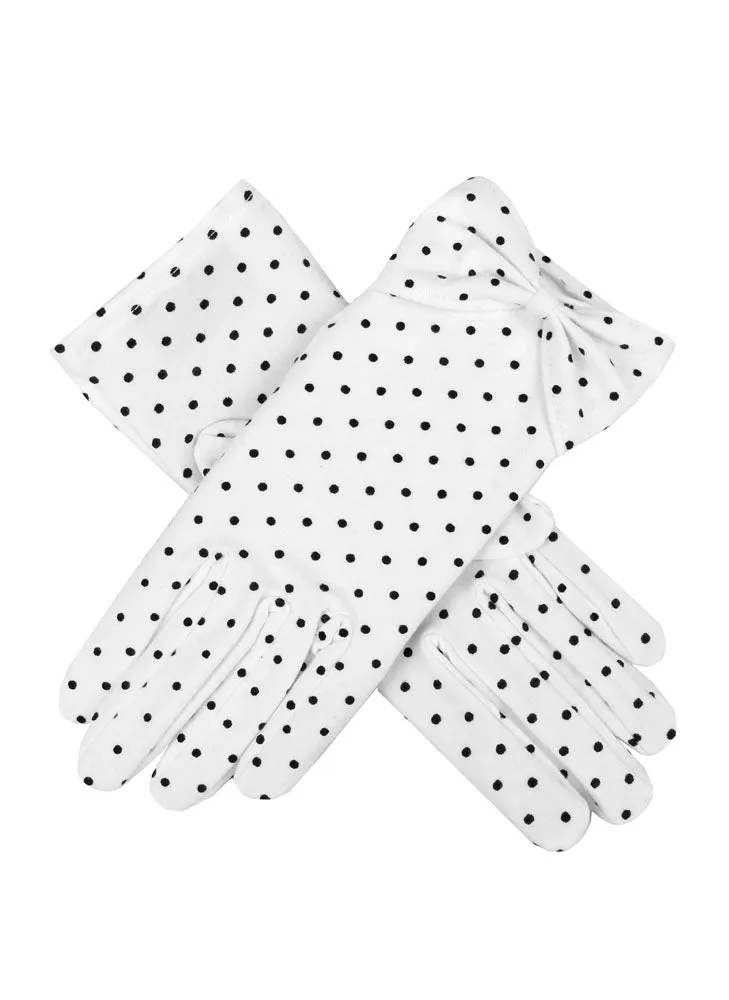 Elegant Womens Spotted Cotton Gloves with Stylish Cuff Bow Detail