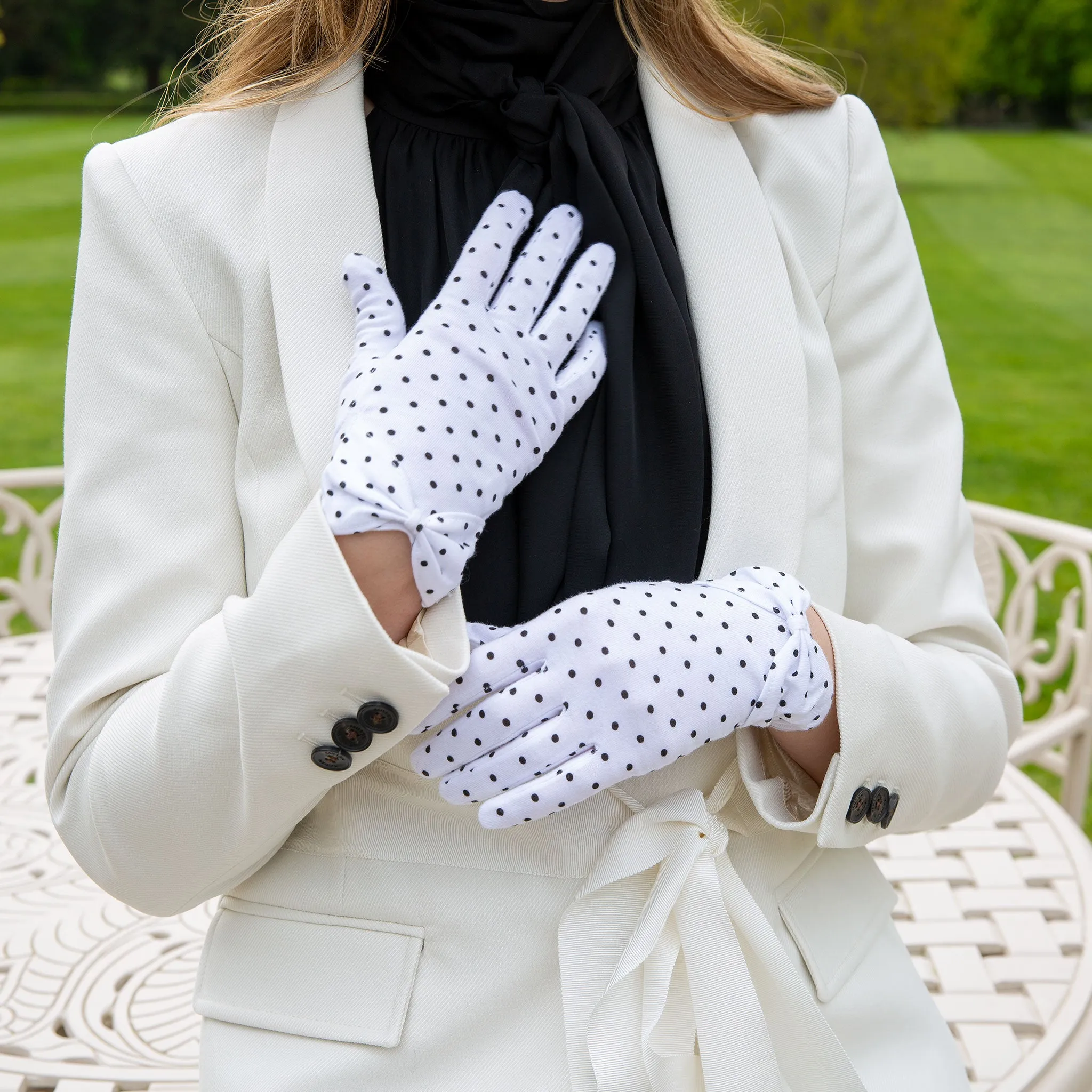 Elegant Womens Spotted Cotton Gloves with Stylish Cuff Bow Detail