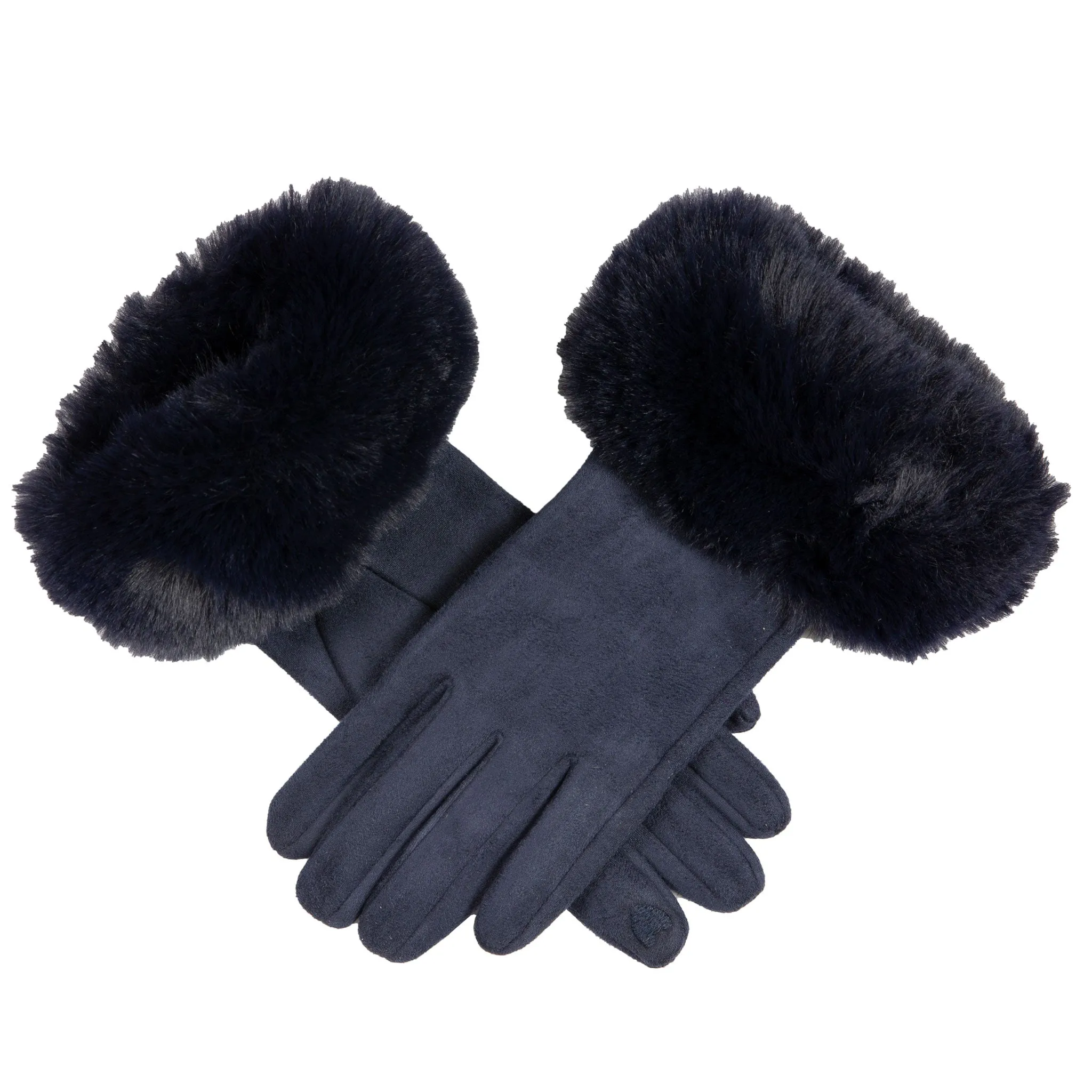 Women's Touchscreen Velour-Lined Faux Suede Gloves with Faux Fur Cuffs