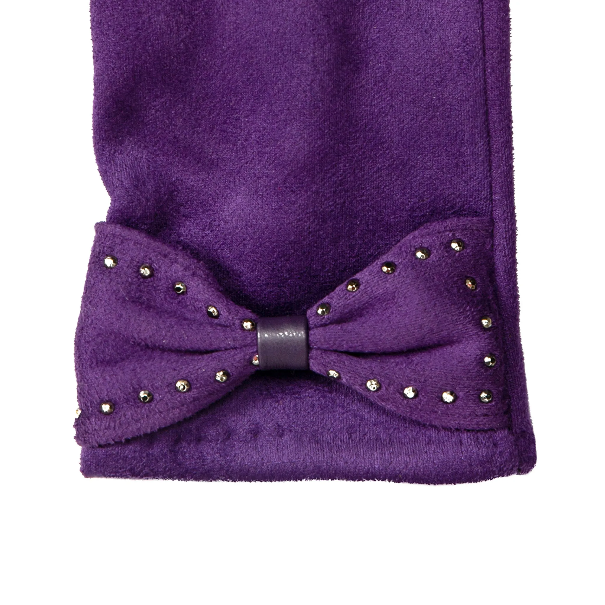 Women’s Touchscreen Velour-Lined Faux Suede Gloves with Studded Bow