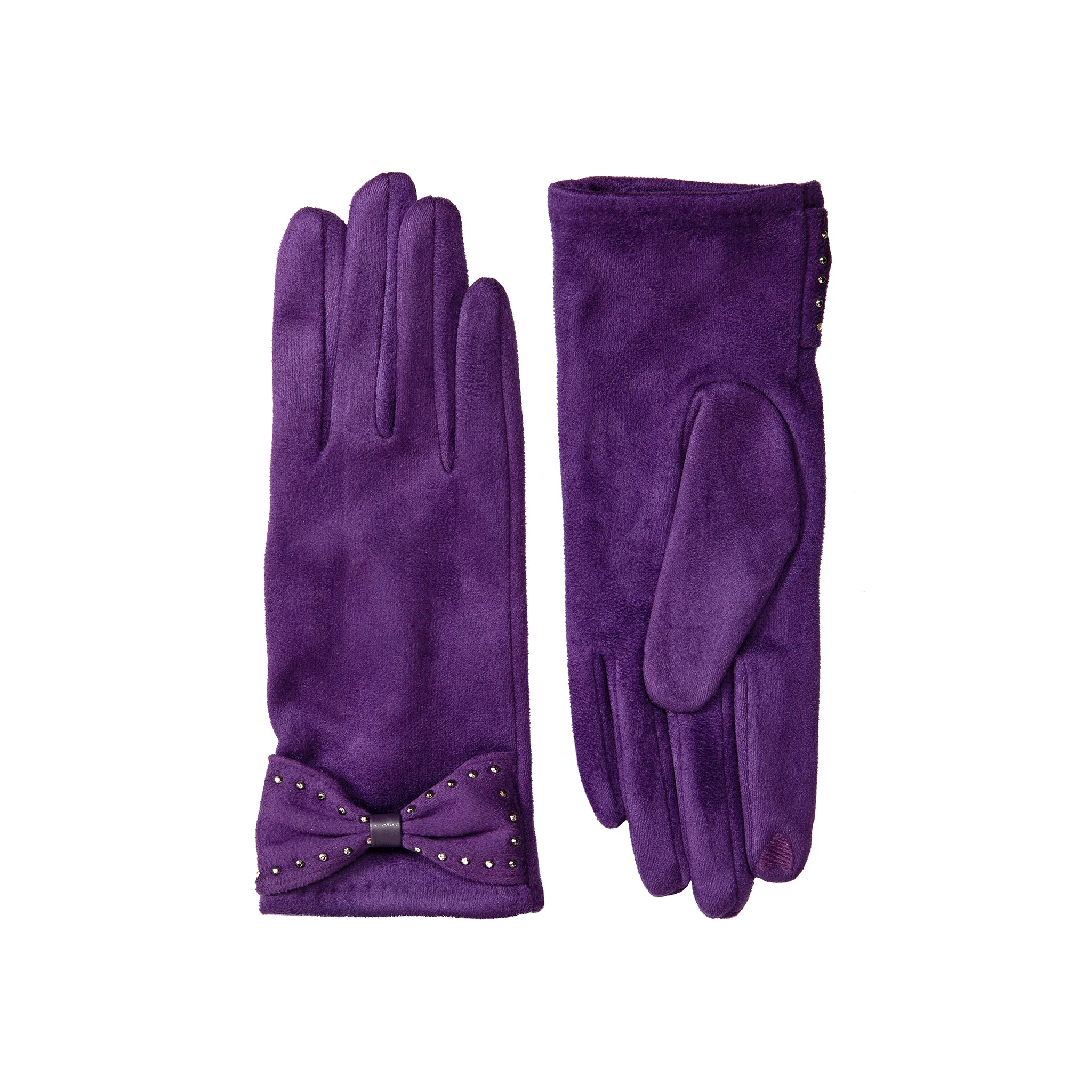 Women’s Touchscreen Velour-Lined Faux Suede Gloves with Studded Bow