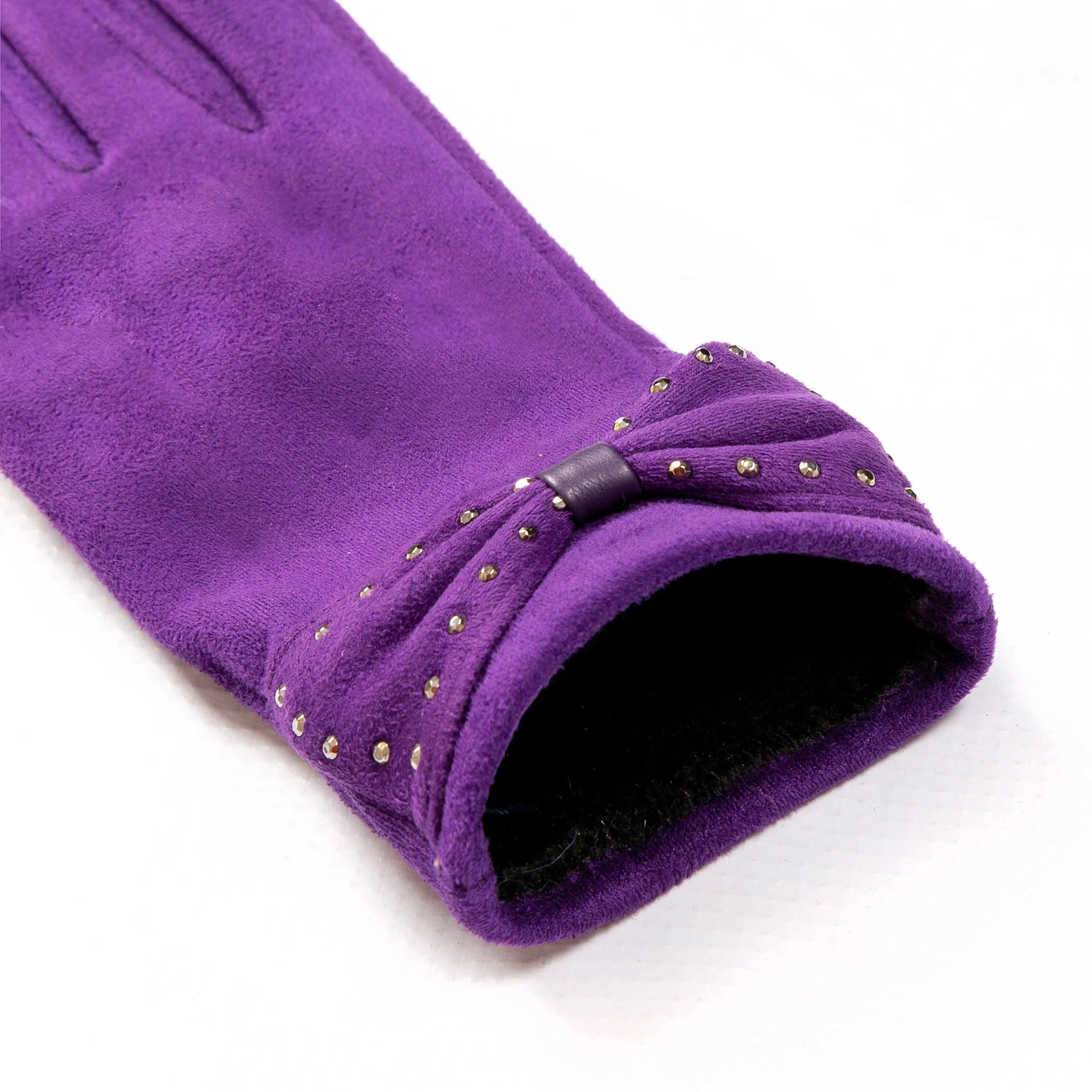 Women’s Touchscreen Velour-Lined Faux Suede Gloves with Studded Bow