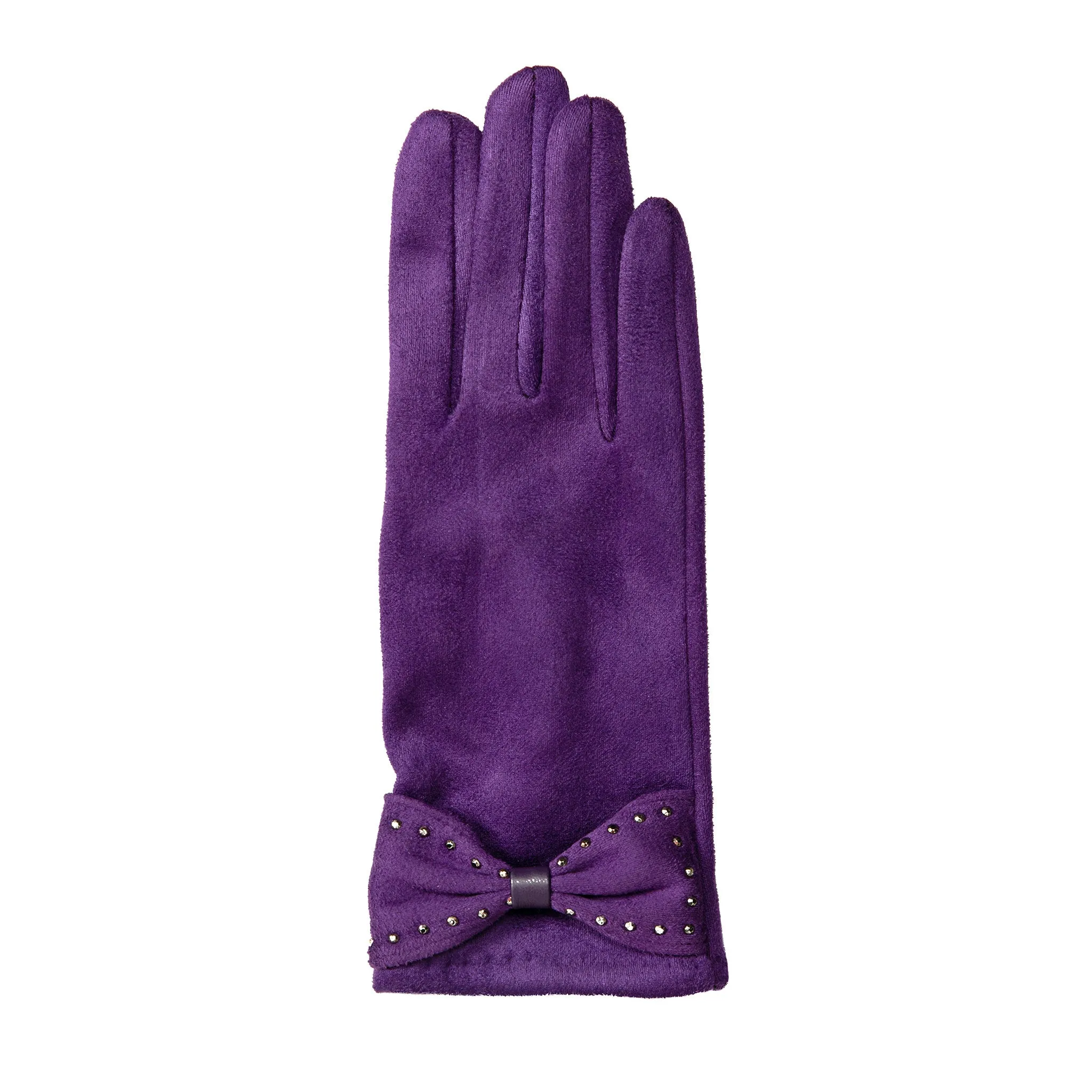Women’s Touchscreen Velour-Lined Faux Suede Gloves with Studded Bow