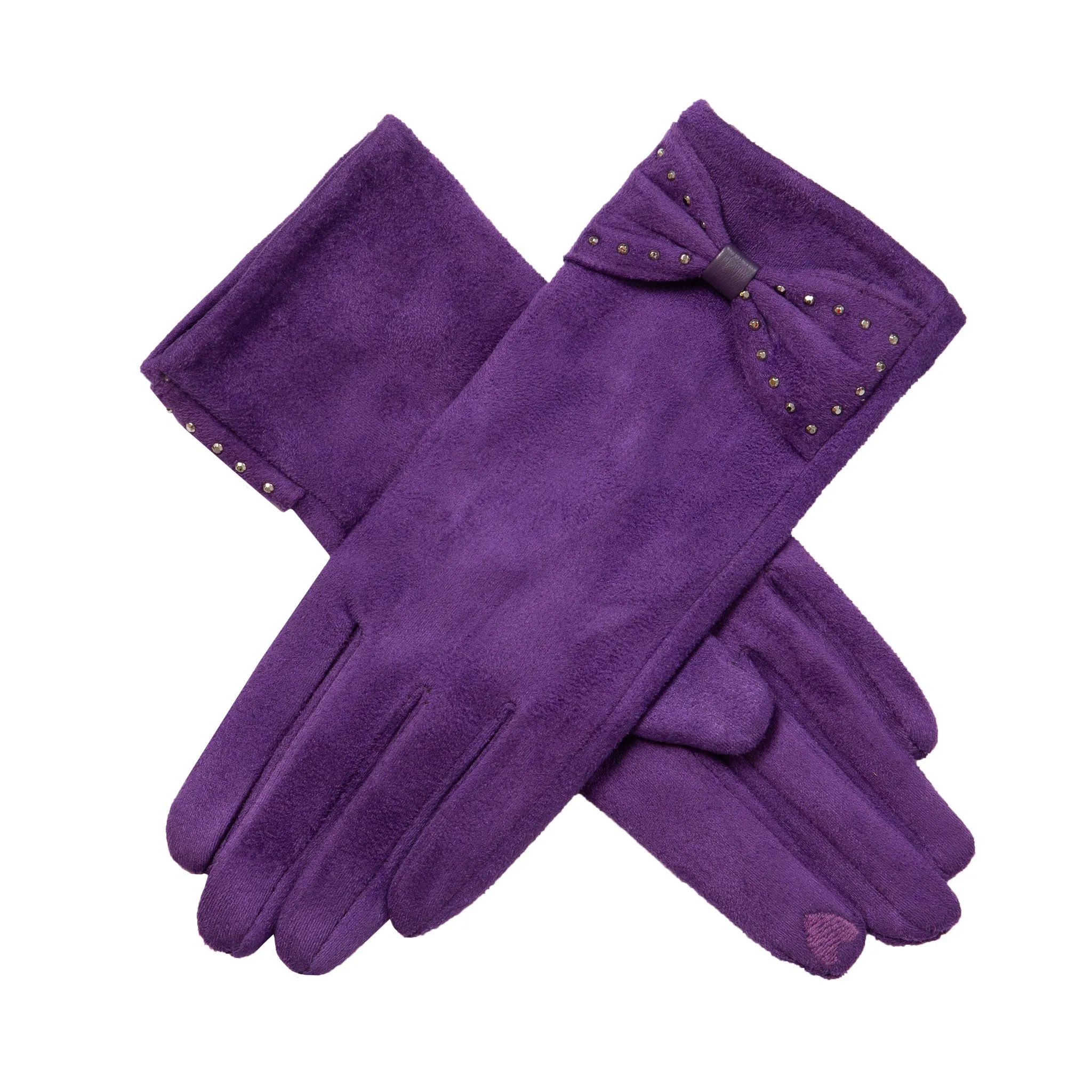 Women’s Touchscreen Velour-Lined Faux Suede Gloves with Studded Bow