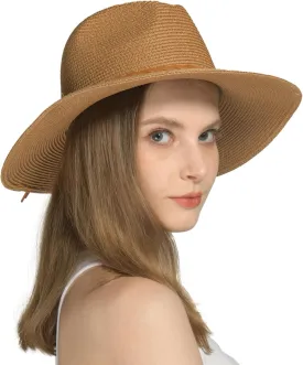 Womens Wide Brim Sun Hat with Wind Lanyard Summer Beach Straw Sun Hat for Women UPF 50  for Travel Beige